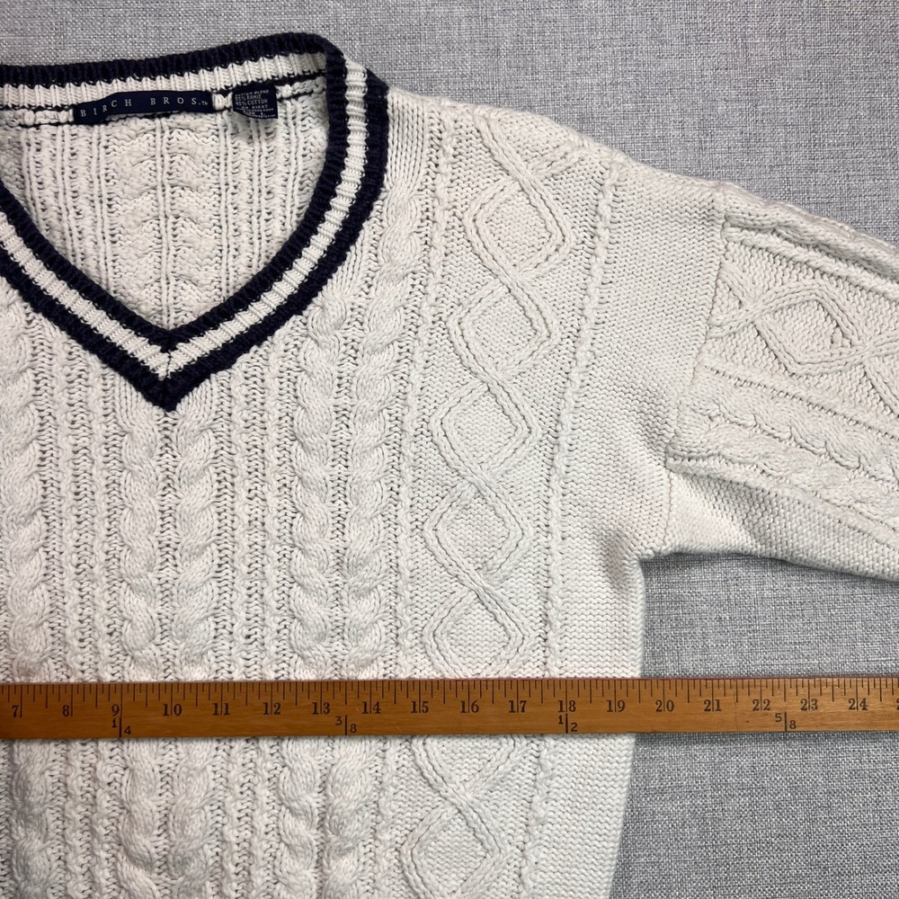 VTG 90s Birch Bros Cable Knit Cricket Sweater Women L White Navy Ivy Tennis Prep - Picture 6 of 9